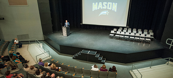 CHHS Dean Thomas Prohaska speaks at annual CHHS State of the College Address in Harris Theater.